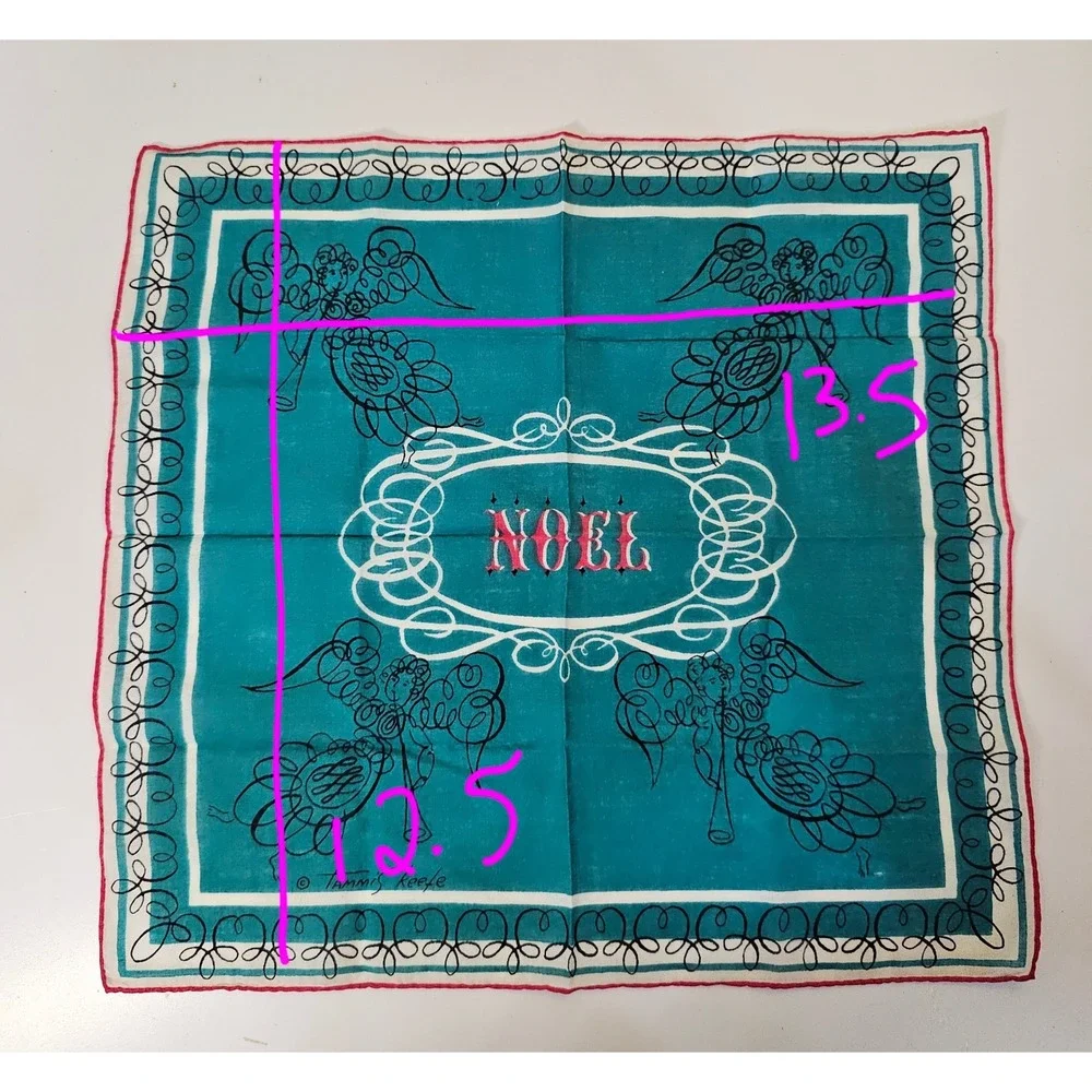 Vintage Tammis Keefe Noel‎ Angels Christmas Silk Scarf Teal Red Handkerchief